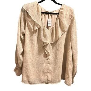 NWT LOFT Cream W/Black Polka-Dots Long Sleeved Ruffled V-Neck Blouse Size XL